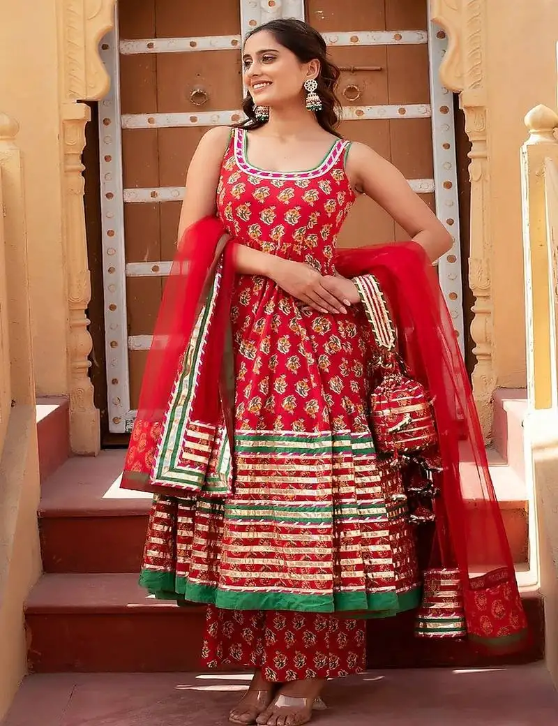 Red floral printed cotton anarkali set