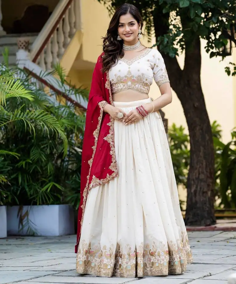 White silk zari sequins thread embroidery work wedding lehenga choli
