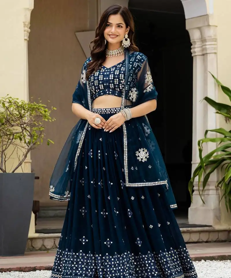 Teal blue georgette zari sequins embroidery work lehenga choli for women