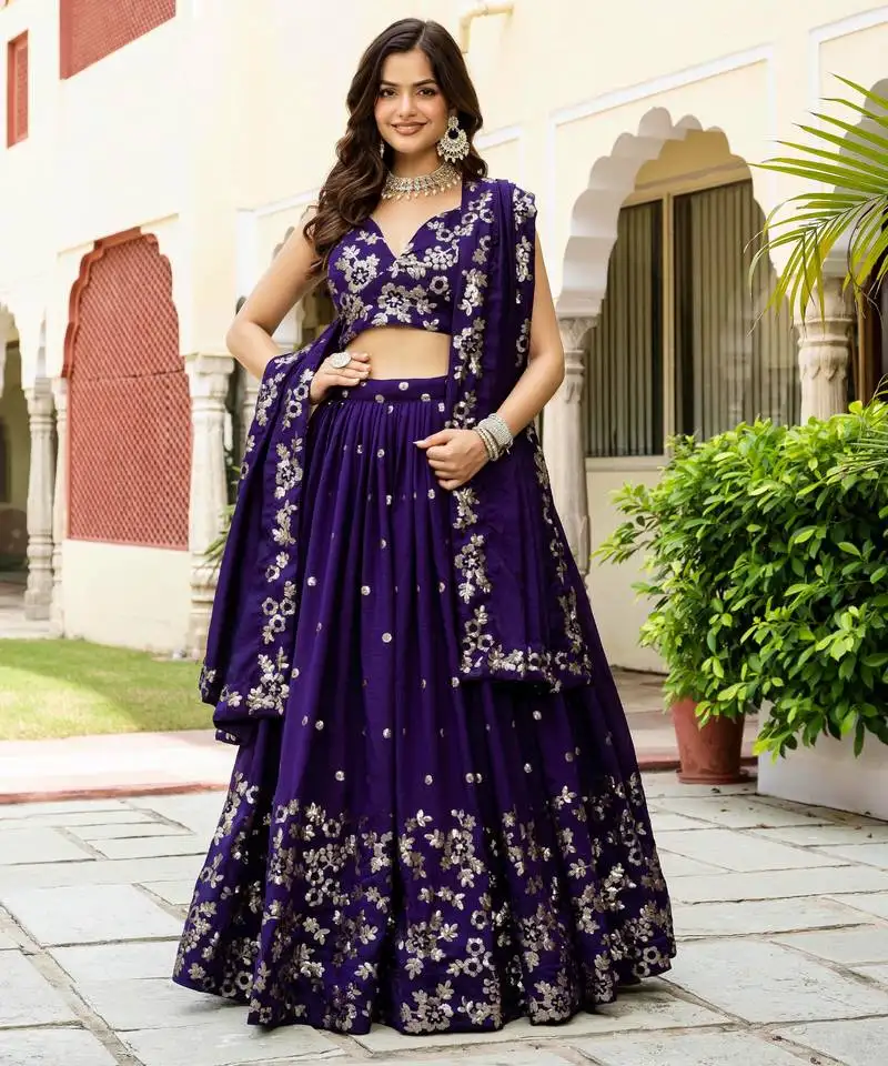 Purple silk zari sequin embroidered silk lehenga choli with dupatta set