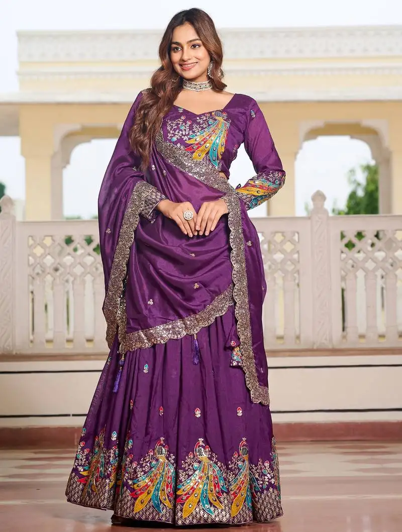 Purple silk sequins lehenga choli with dupatta