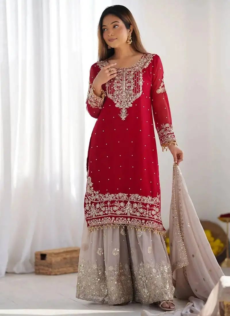 Red georgette sharara suit stitched