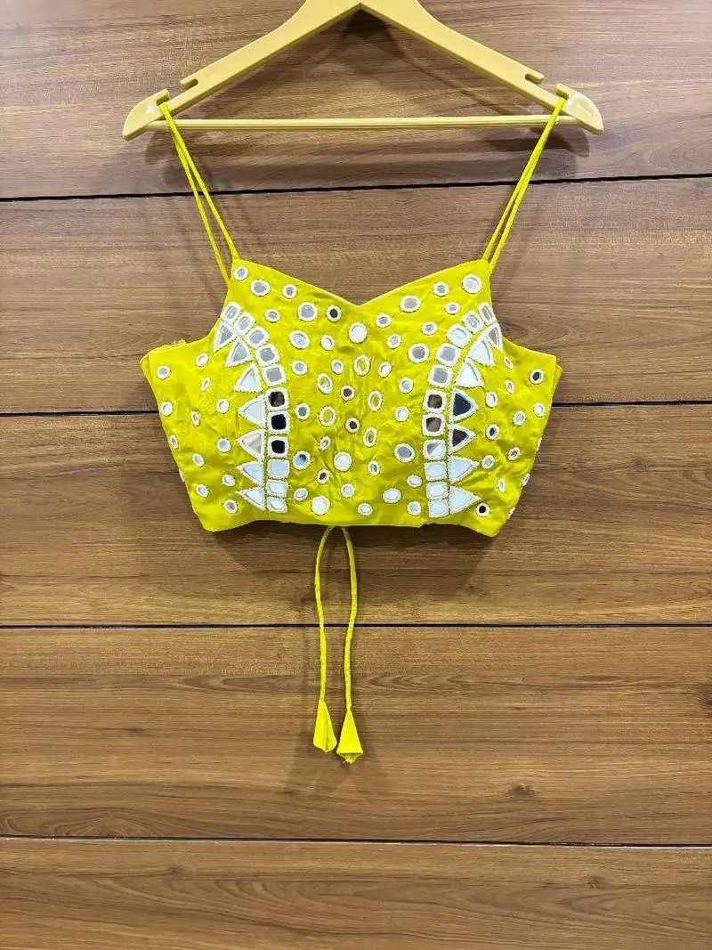 Lime yellow real mirror hand work sleeveless blouse