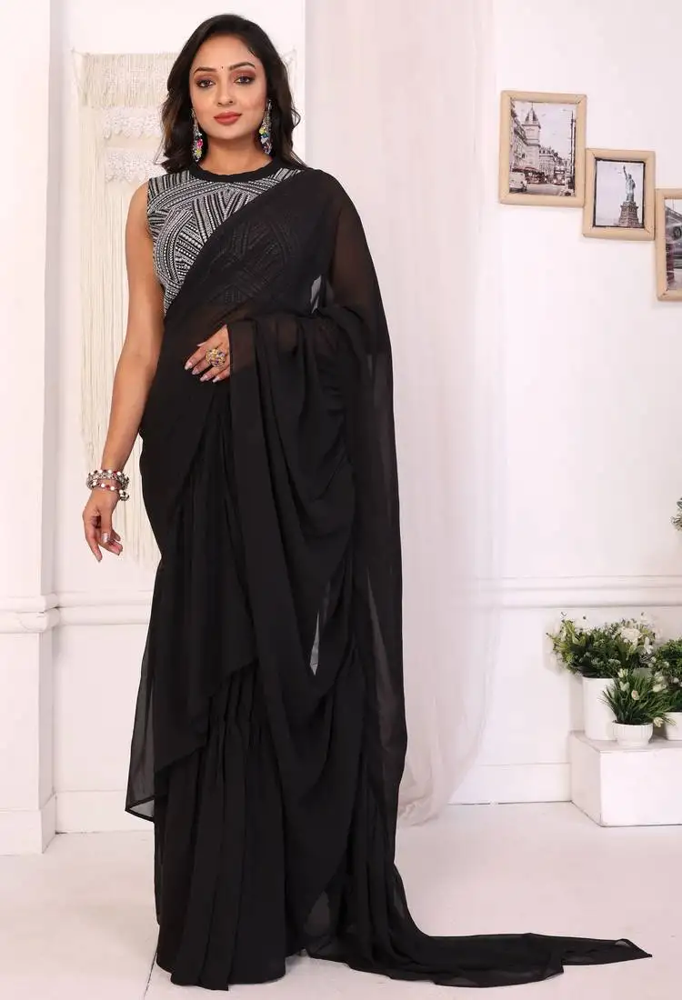 Latest designer georgette ruffle style ready to wear saree with amazing georgette embroidery blouse piece