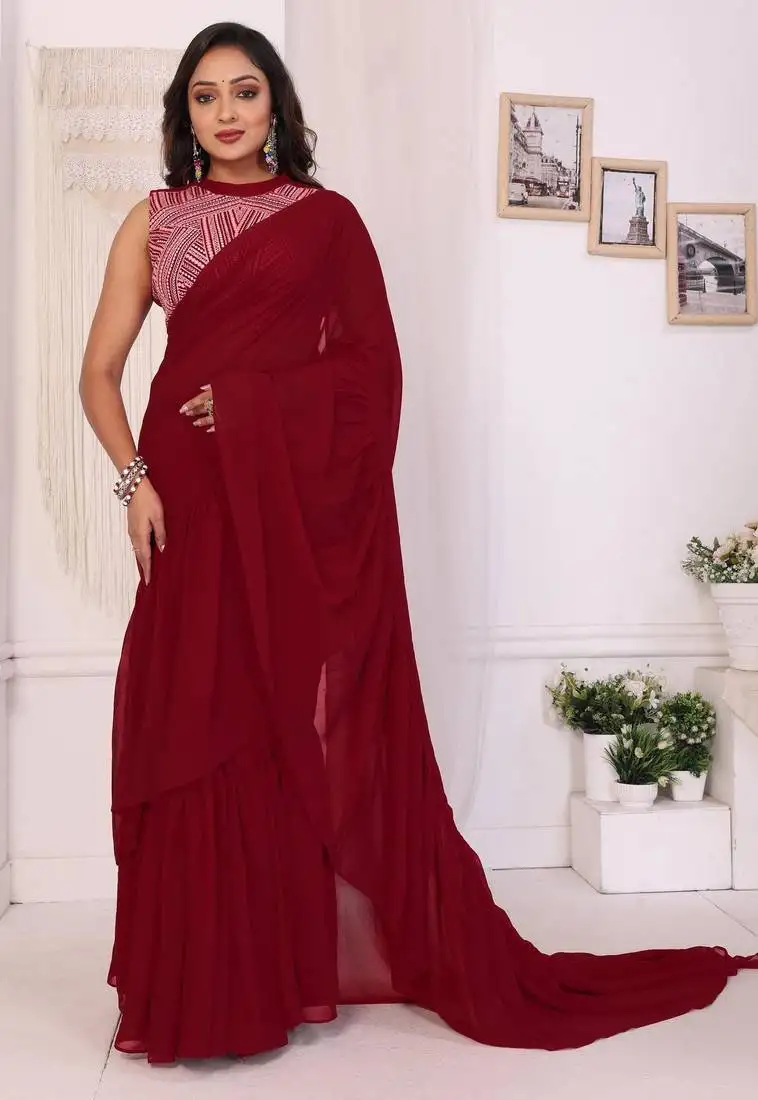 Maroon georgette ruffle style ready to wear saree with blouse piece