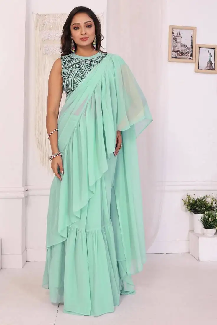 Sea green georgette ruffle style ready to wear saree with blouse piece