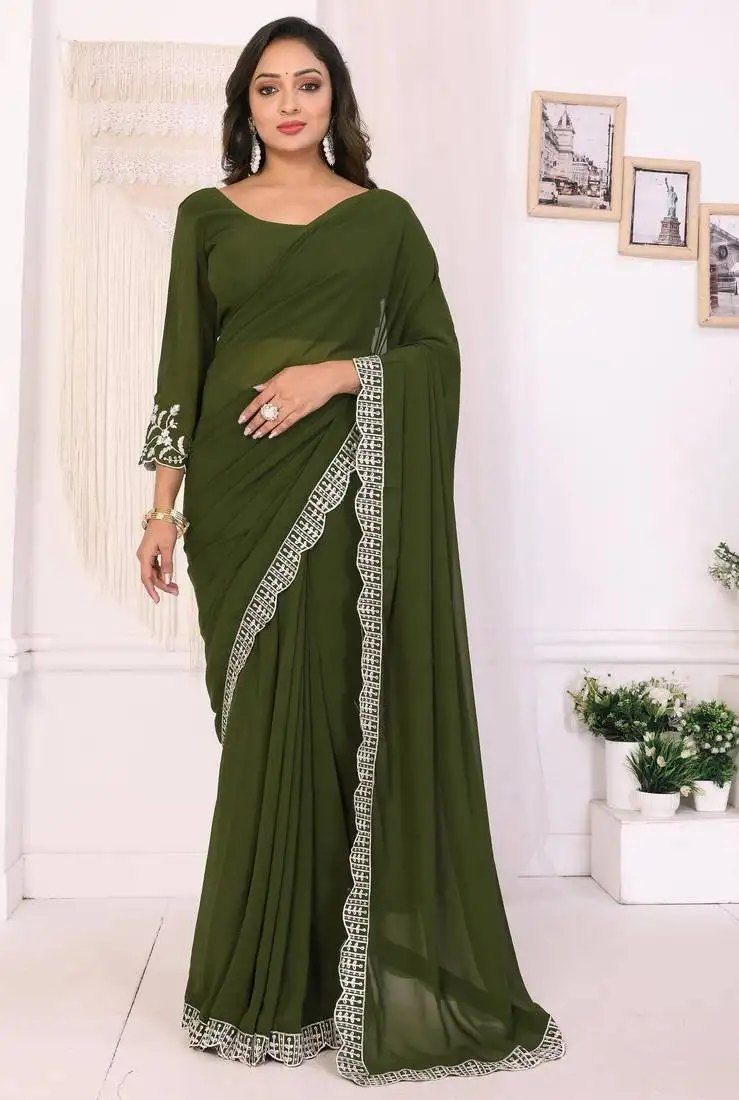 Mehendi embroidery georgette ready to wear saree with unstitched blouse