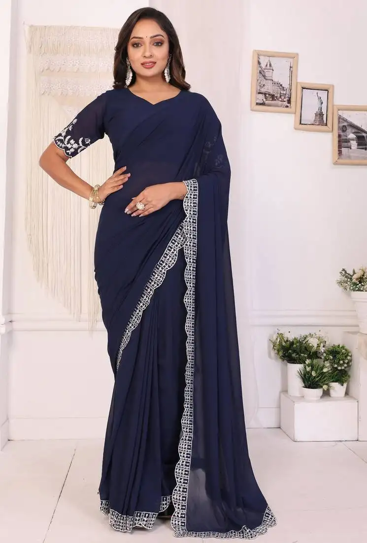 Navy blue embroidery georgette ready to wear saree with unstitched blouse
