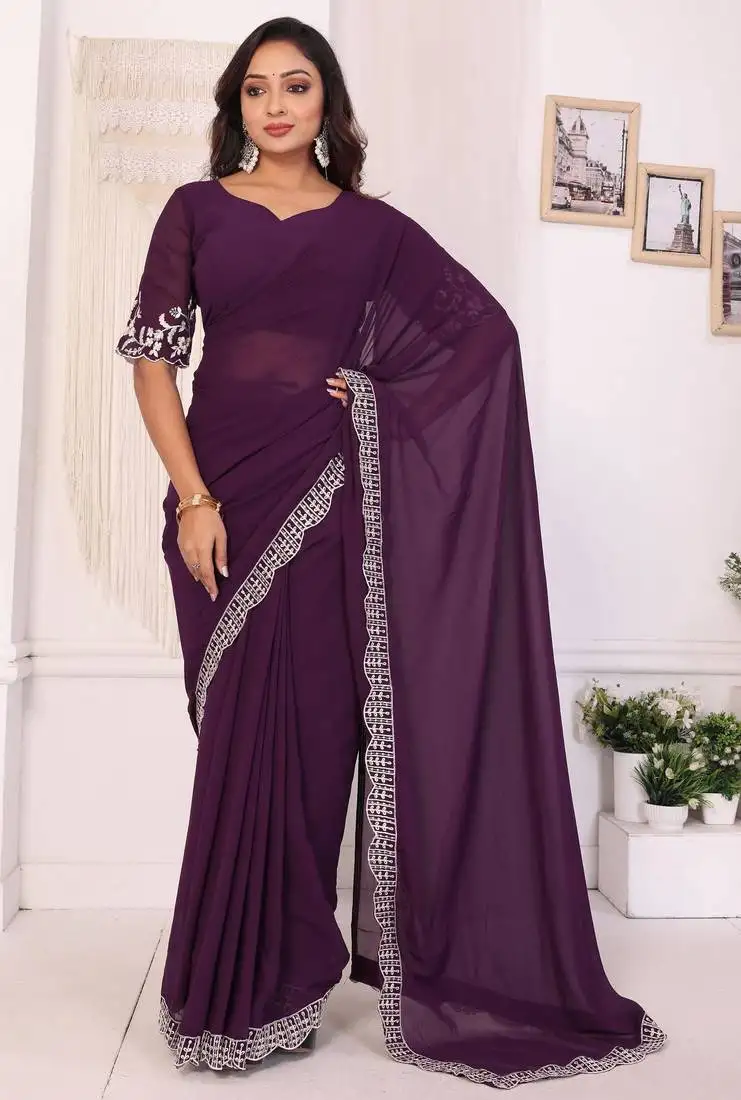 Wine embroidery georgette ready to wear saree with unstitched blouse