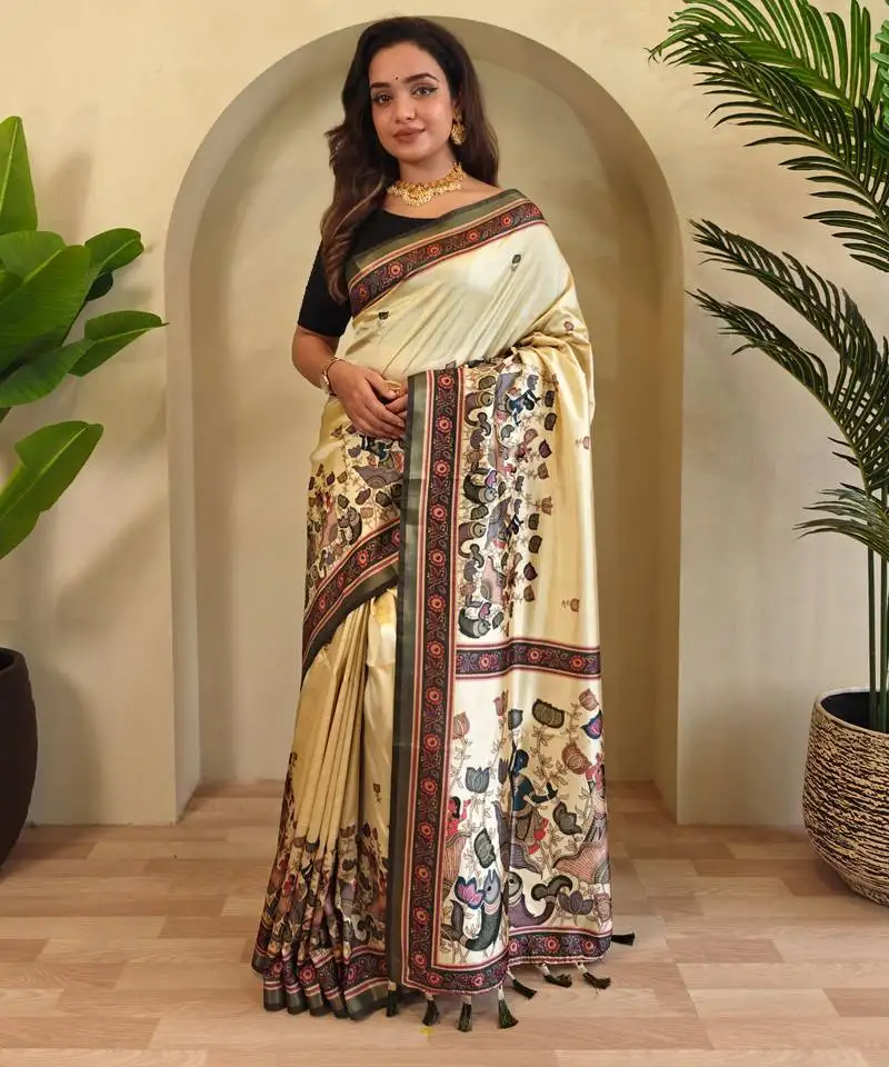 Cream kalamkari digital print viscose saree