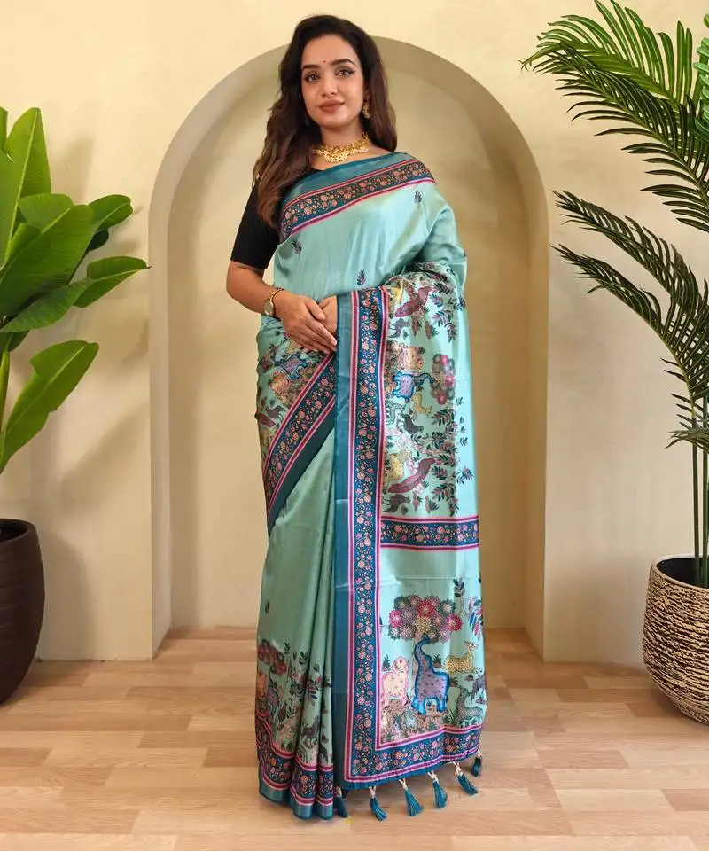 Skyblue kalamkari digital print viscose saree