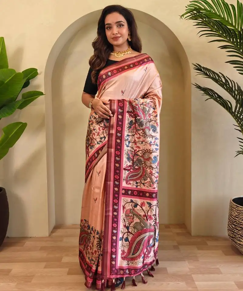 Peach kalamkari digital print viscose saree