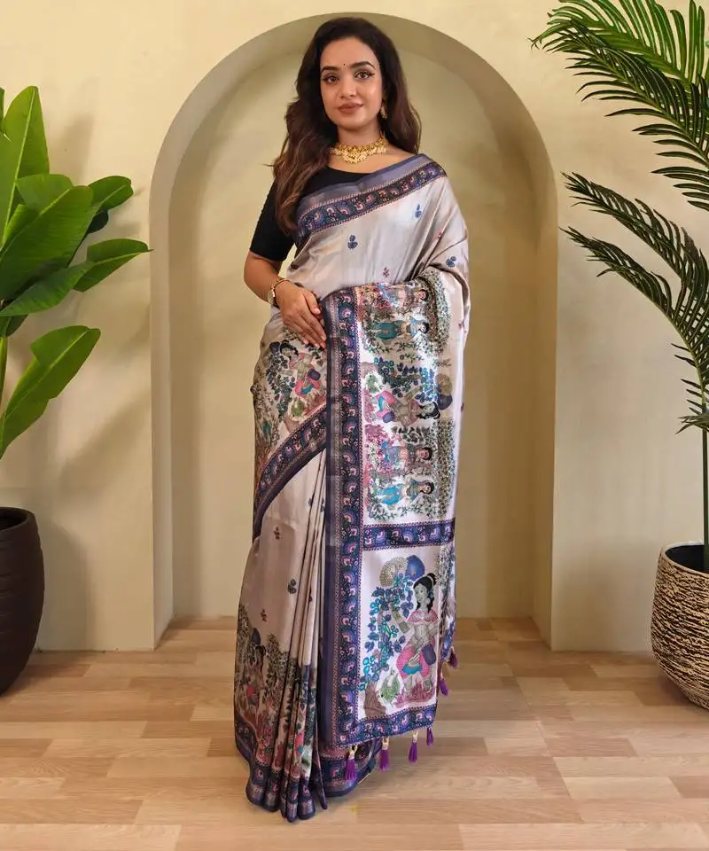 Grey kalamkari digital print viscose saree