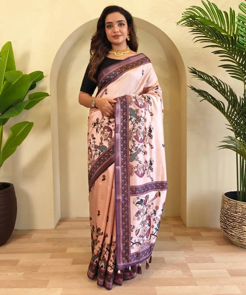 Light pink kalamkari digital print viscose saree