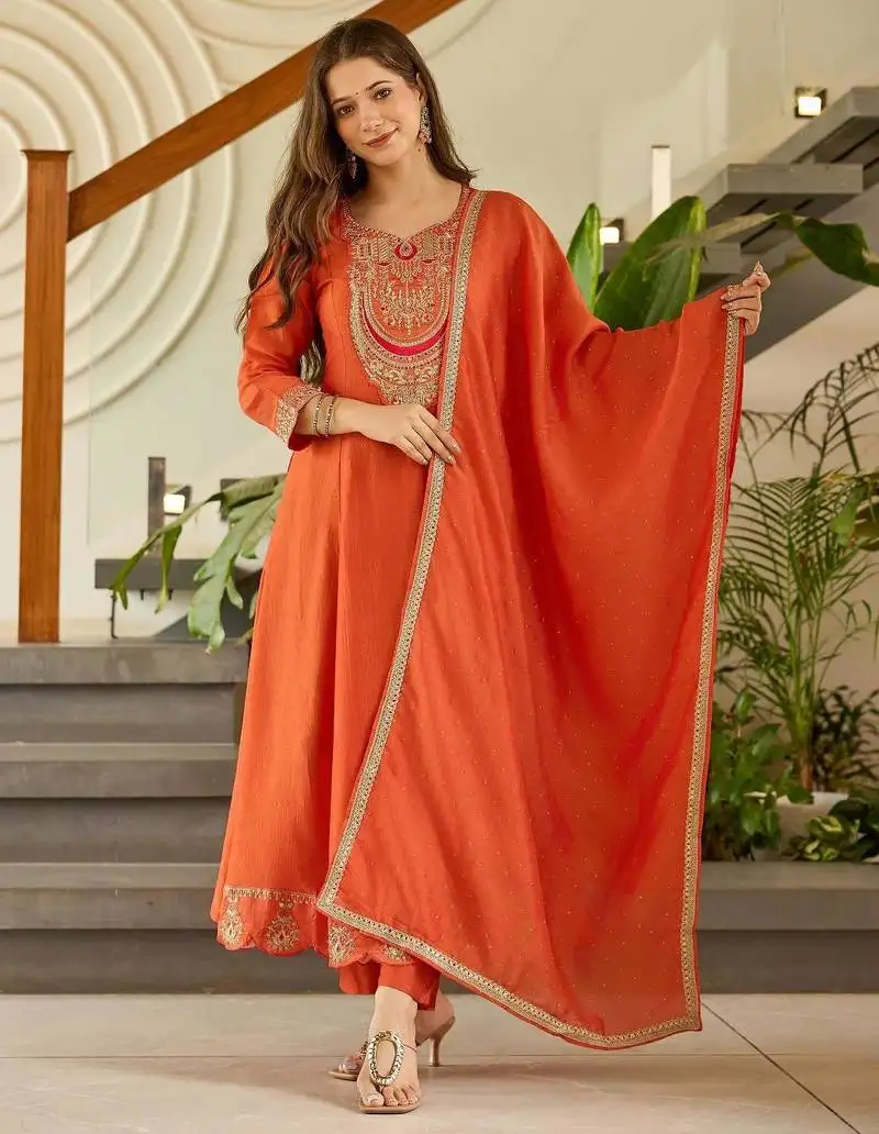 Women's gorgeous embroidery vichitra silk fabric flared kurta, pant and dupatta set