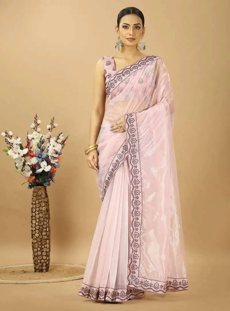 Purple twill net saree with embroidery less and blouse