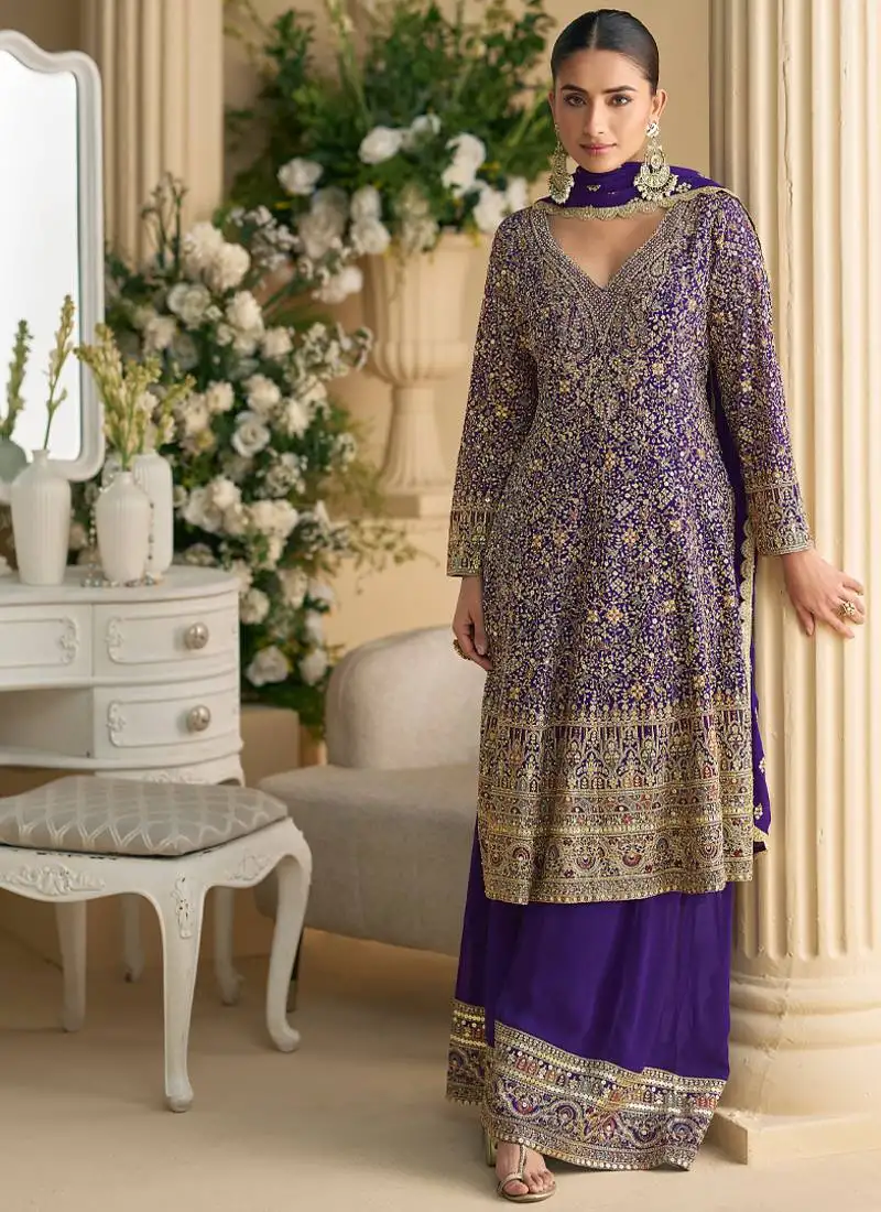 Heavy wedding wear purple georgette peplum style suit for women semi stitched