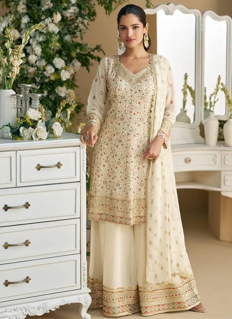 Heavy wedding wear white georgette peplum style suit for women semi stitched