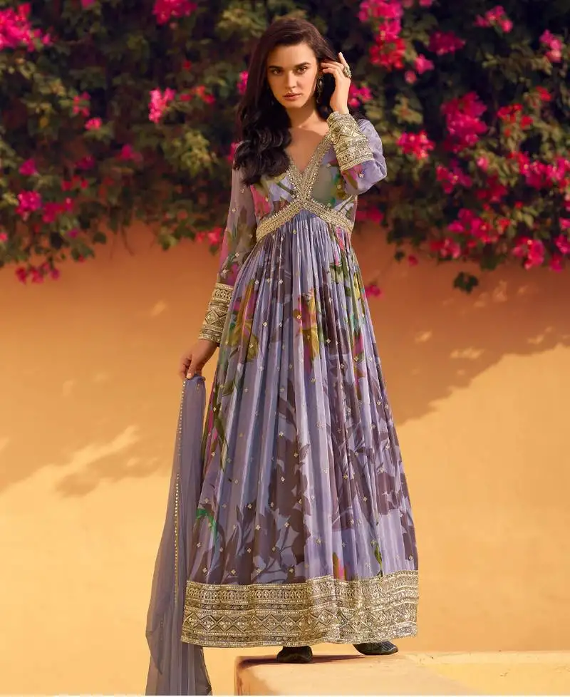 Lavender floral printed anarkali suit for women semi stitched