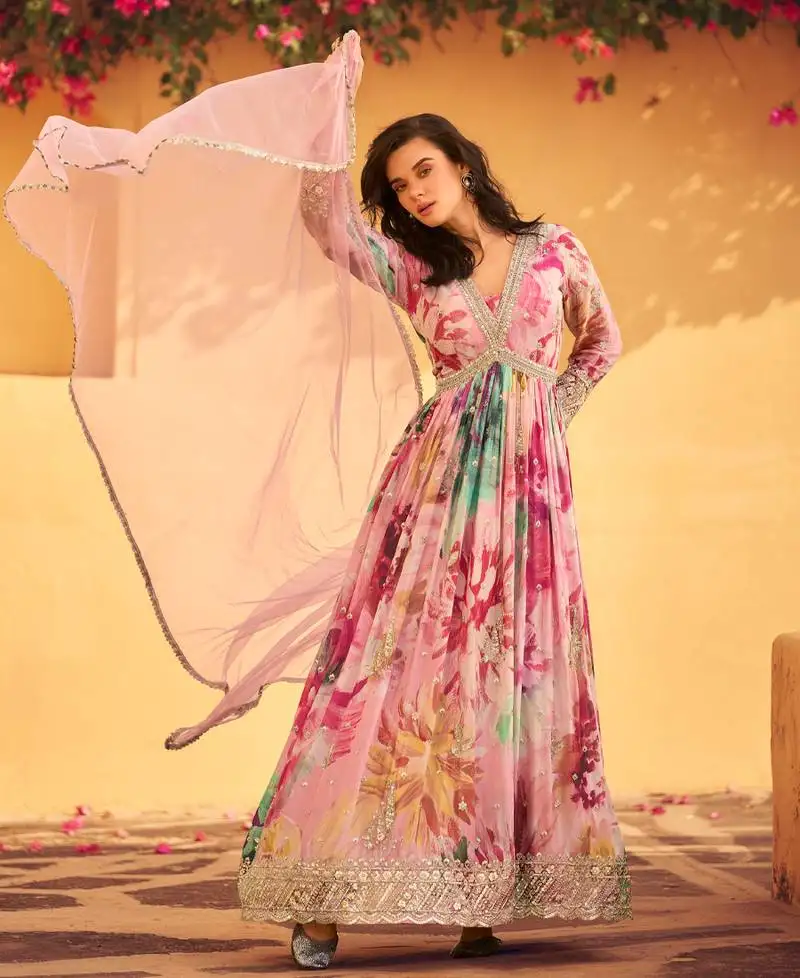 Pink floral printed anarkali suit for women semi stitched