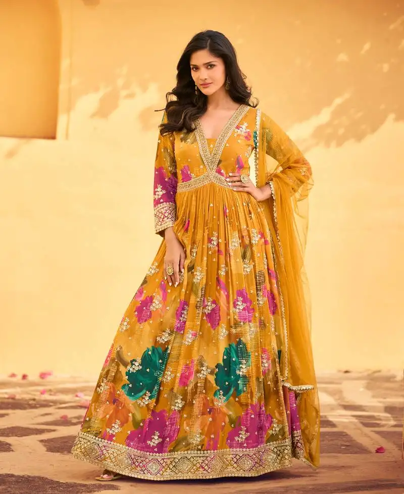 Yellow floral printed anarkali suit for women semi stitched