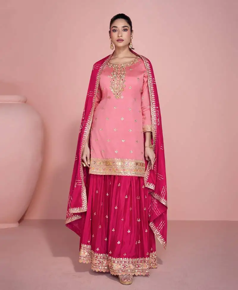 Simple but sober pink palazzo suit for women ethnic wear semi stitched