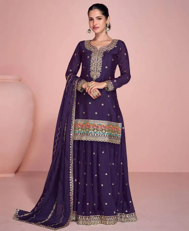 Simple but sober purple palazzo suit for women ethnic wear semi stitched