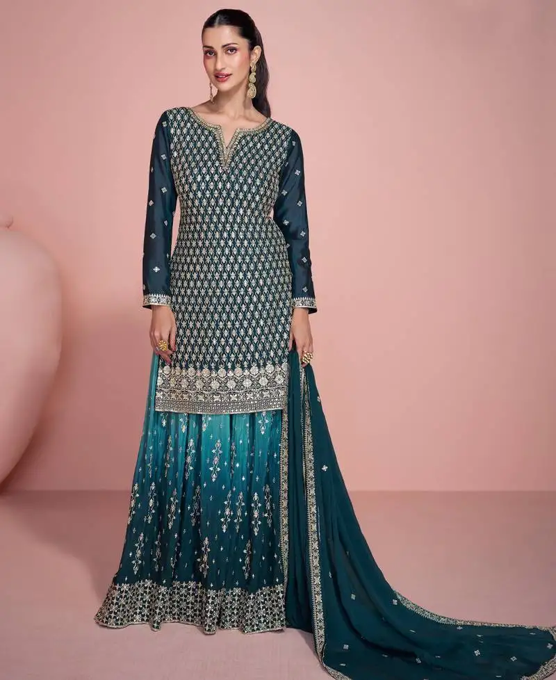 Simple but sober blue palazzo suit for women ethnic wear semi stitched