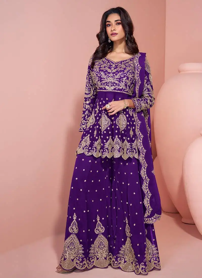 Traditional georgette purple heavy embroiderd sharara suit for women semi stitched