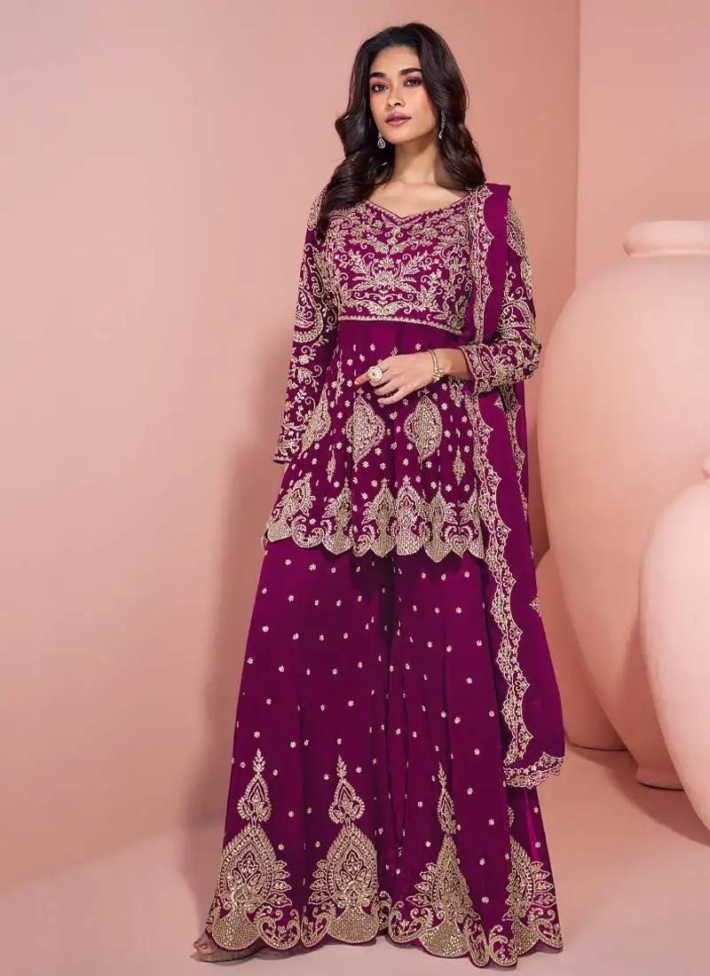 Traditional georgette magenta heavy embroiderd sharara suit for women semi stitched