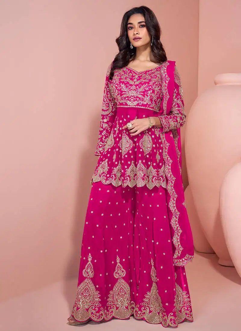 Traditional georgette pink heavy embroiderd sharara suit for women semi stitched
