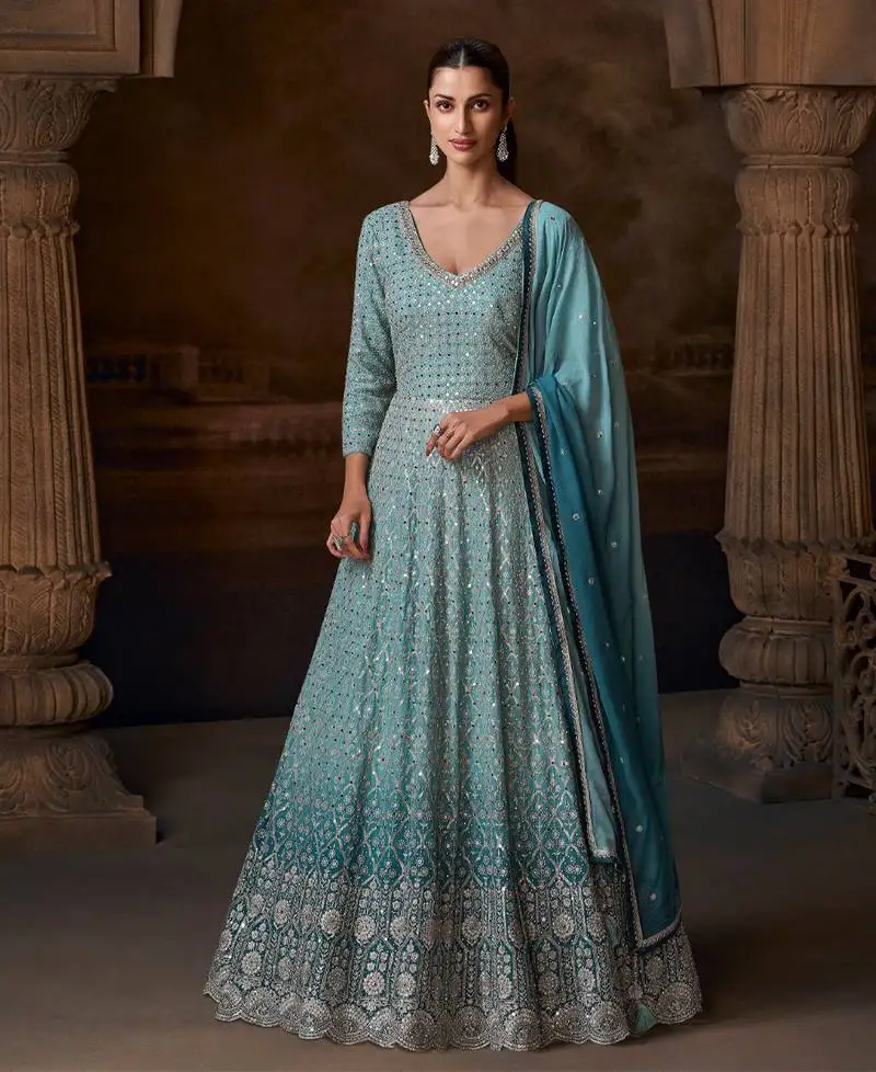 Chinon sky blue anarkali suit for women wedding wear semi stitched