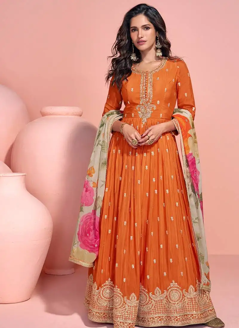 Orange chinon anarkali set for women semi stitched