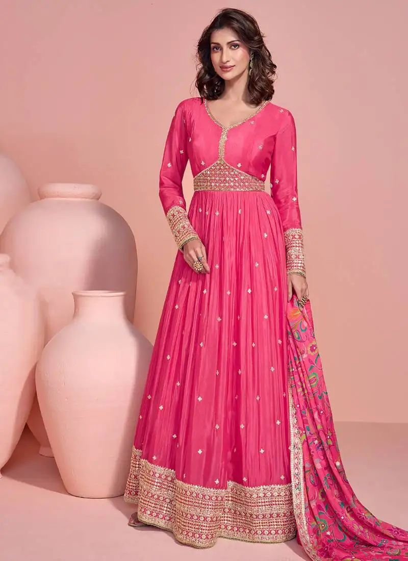 Pink chinon anarkali set for women semi stitched