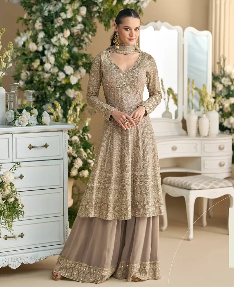 Peplum style beige georgette suit set for women semi stitched