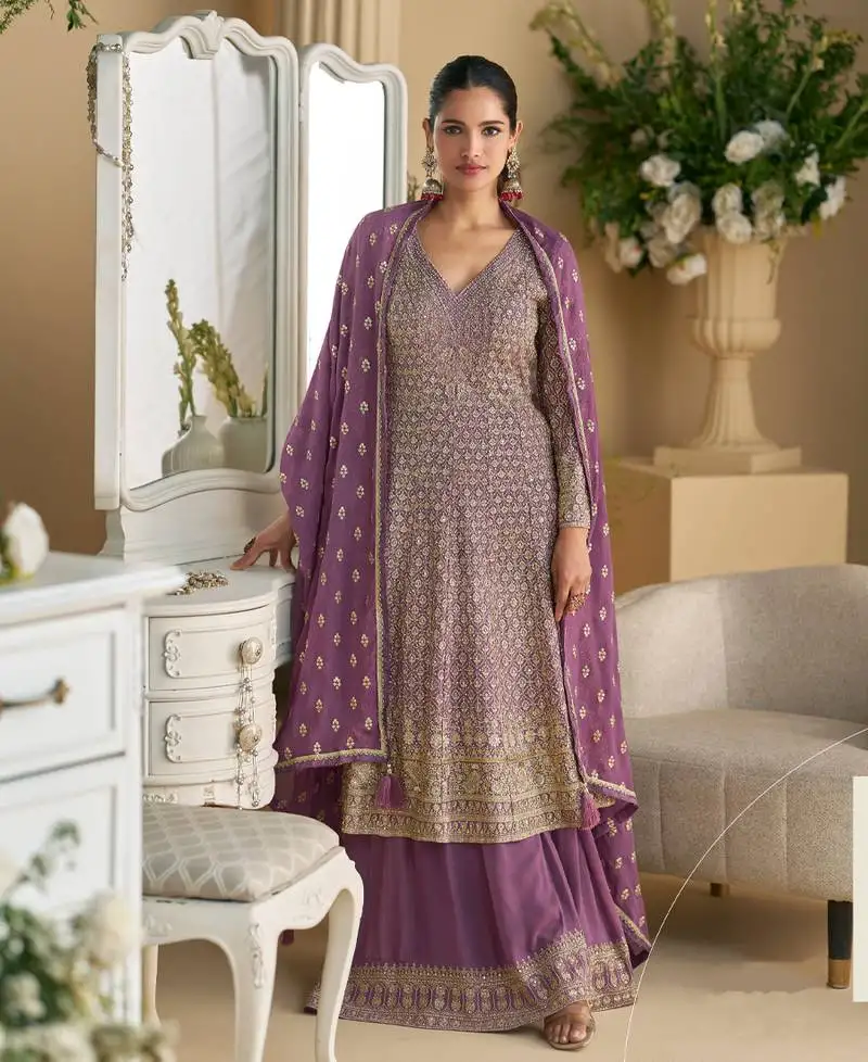 Peplum style purple georgette suit set for women semi stitched