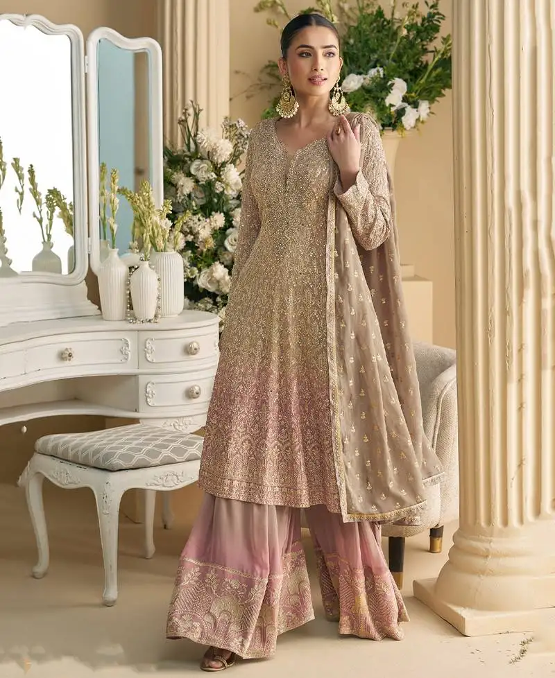 Peplum style pink georgette suit set for women semi stitched