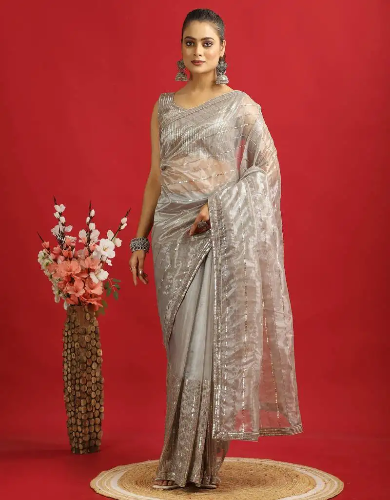 Copper ready to wear twill net sequin saree with unstitched blouse