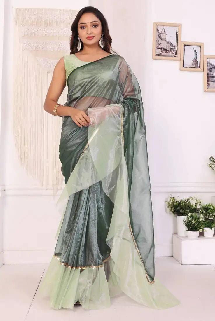 Beautiful designer jimmy choo ruffle ready to wear saree decorated by sequence lace and unstitched blouse piece