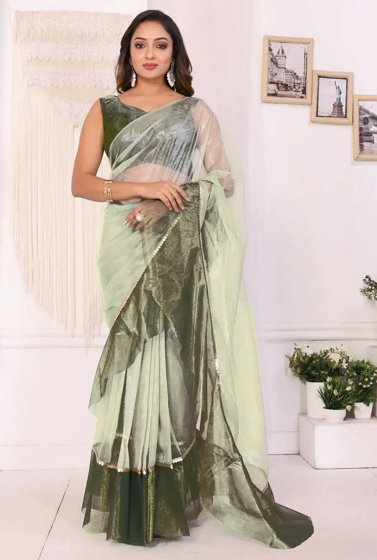 Pista jimmy choo ruffle ready to wear saree with unstitched blouse
