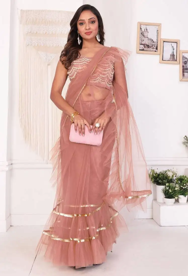 New collection net ready to wear ruffle style saree with unstitched embroidery blouse