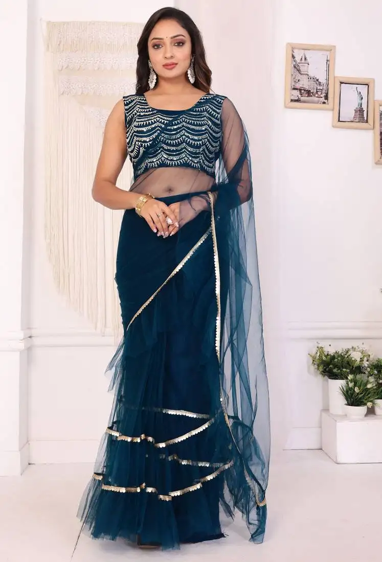 Blue net ready to wear ruffle style saree with unstitched blouse