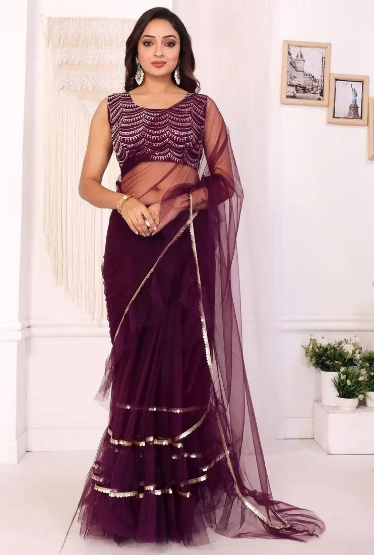 Wine net ready to wear ruffle style saree with unstitched blouse