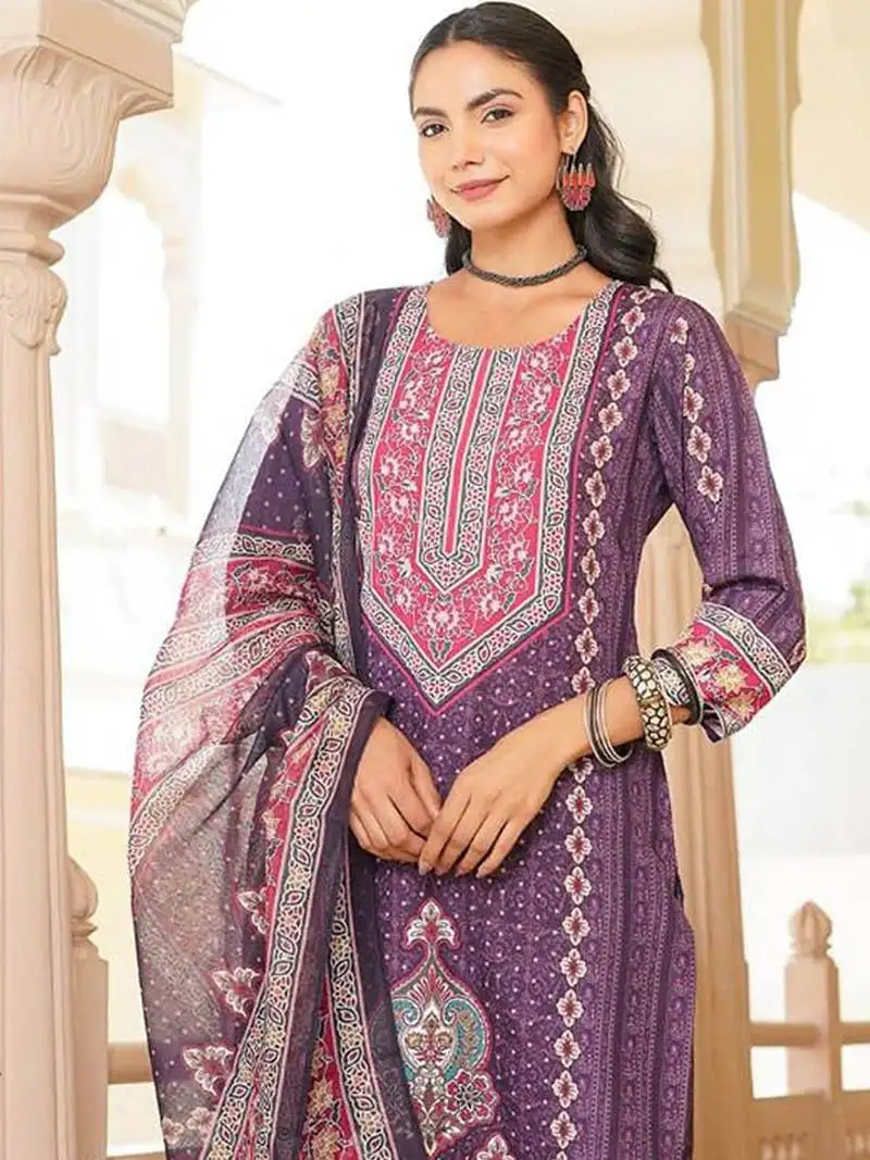 Women purple rayon blend ethnic motifs printed straight kurta trouser with dupatta