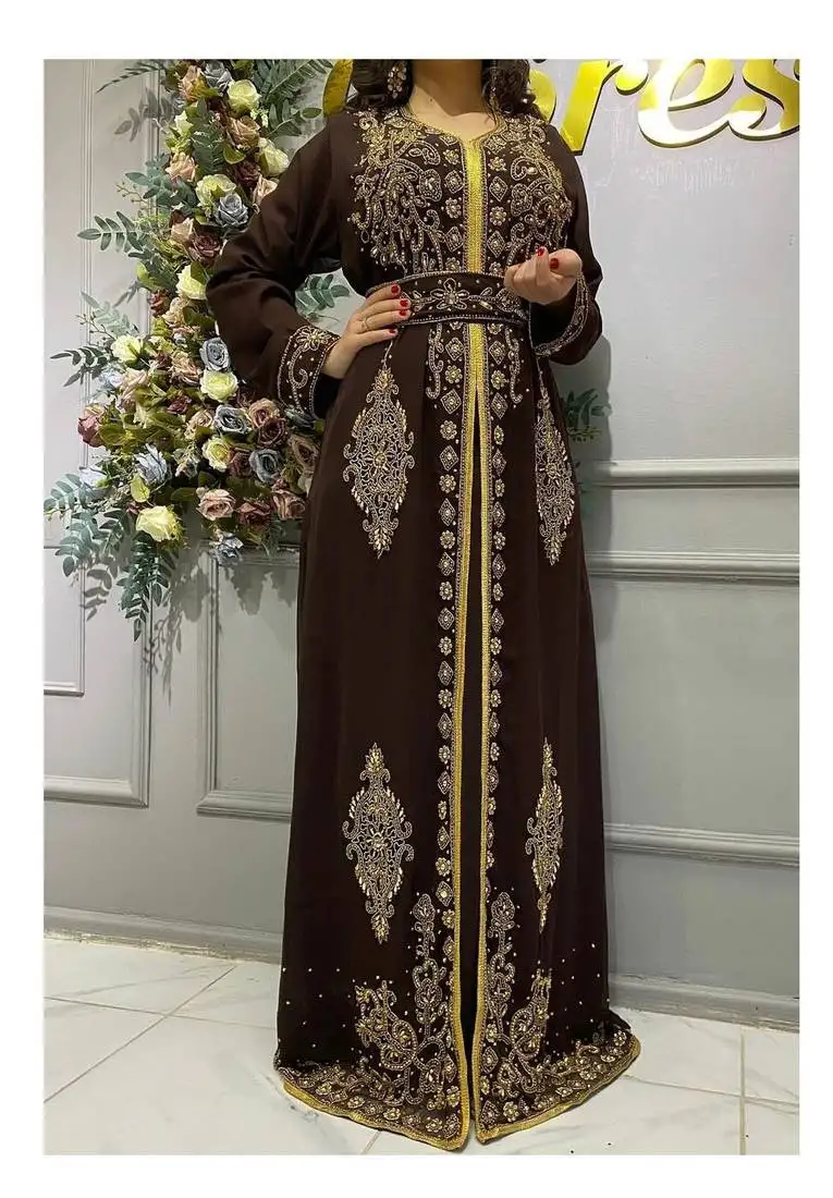 brown crystal work moroccan dubai kaftans wedding bridesmaid dress