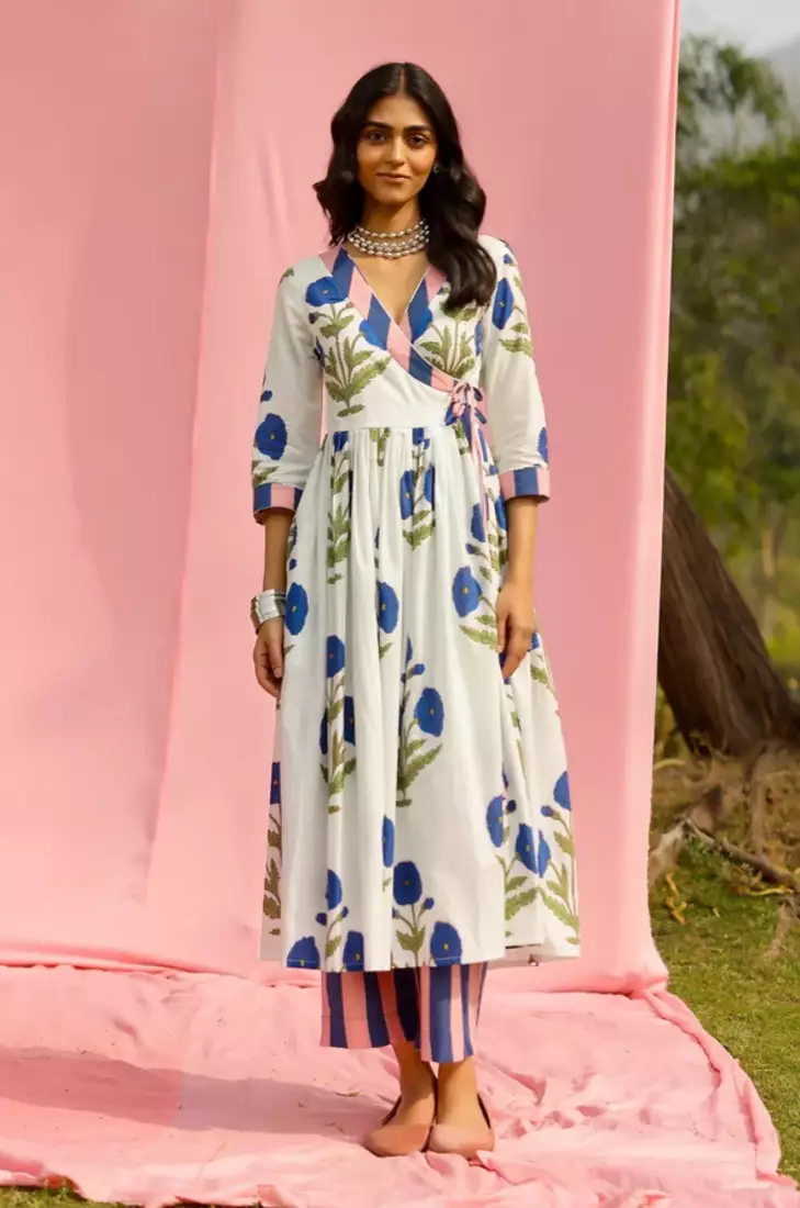 Blue poppy angrakha kurta pant set