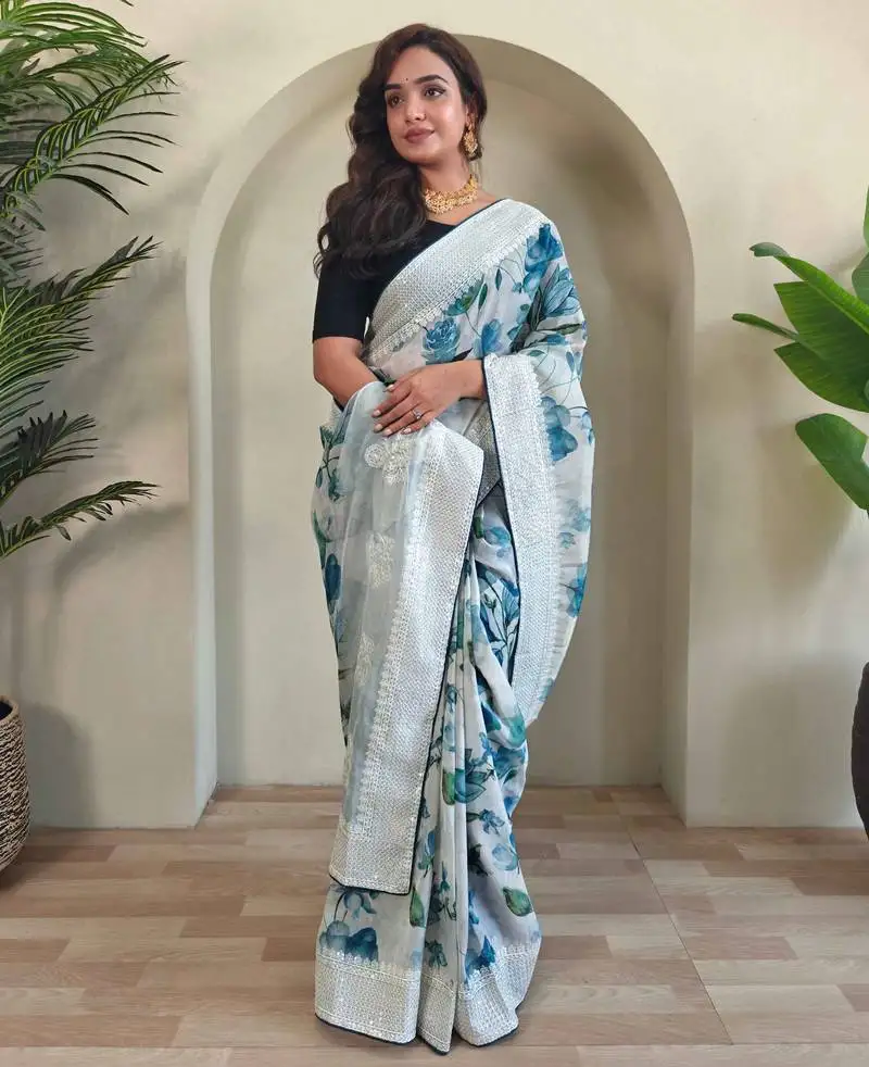 Blue organza all over digital print saree