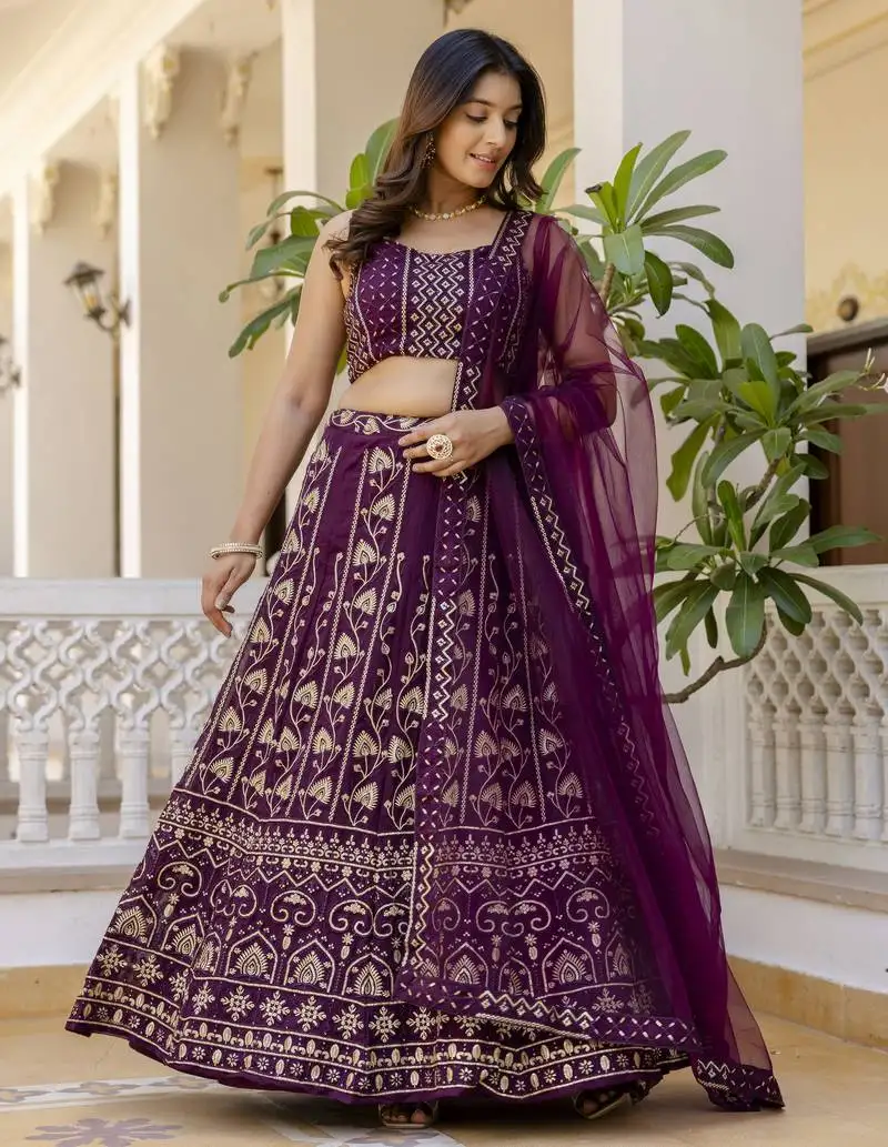 Wine sequins and thread embroidered georgette lehenga dress