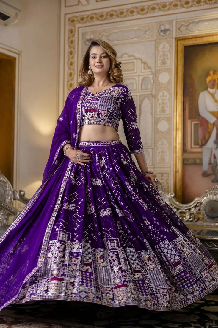Purple sequin thread embroidered georgette lehenga dress