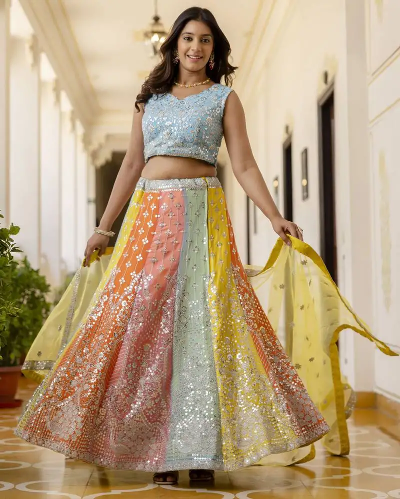 Multicolored sequins & thread embroidered georgette lehenga dress